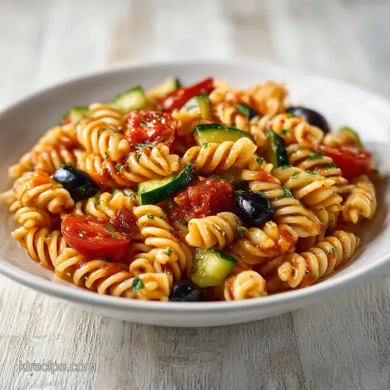 Vibrant pasta medley in a white ceramic bowl, garnished with fresh parsley and bright red pepper slices.