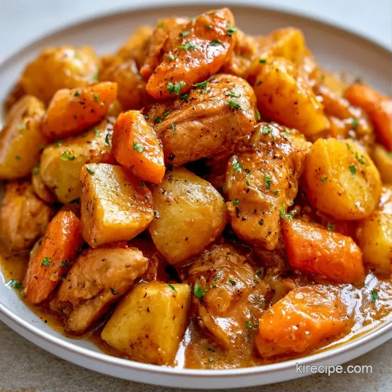 A shallow white bowl of thick stew with tender chunks of meat and carrots, garnished with fresh green parsley.