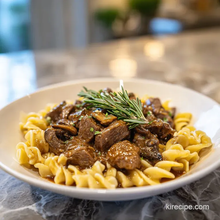 A swirl of sour cream graces a serving of stroganoff, its brown sauce coating tender beef. Rosemary sprigs add a fresh, fr...