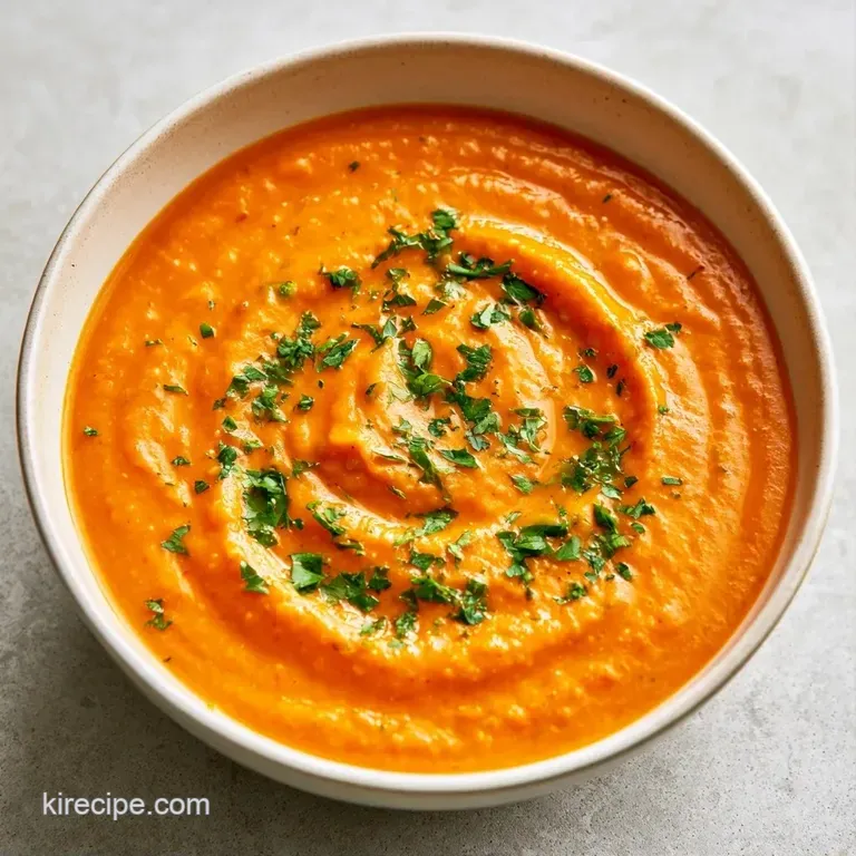 Vibrant orange puree in a white ceramic bowl topped with a drizzle of chili oil and toasted sourdough croutons.