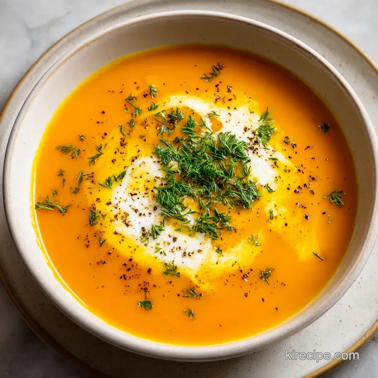 Creamy orange soup served in a rustic bowl, garnished with herbs, alongside crusty bread on a textured wooden surface. Com...