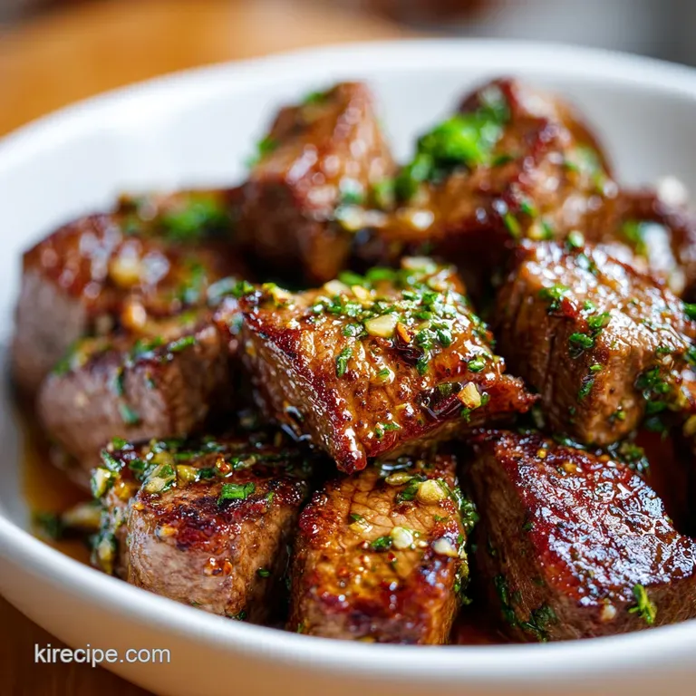 Tender browned beef cubes and golden garlic cloves arranged on a platter, finished with a dusting of fresh herbs.