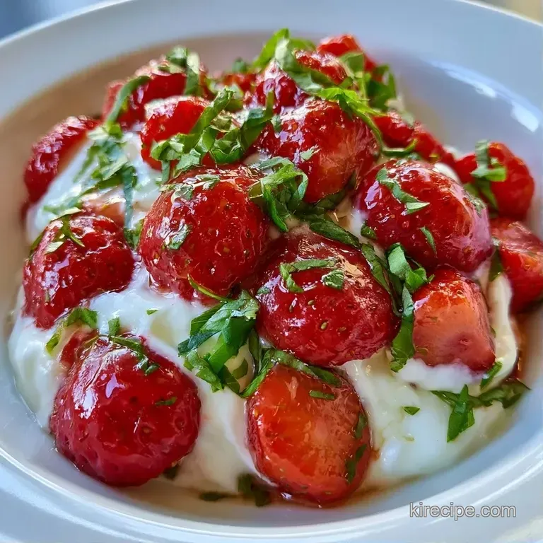 Elegant glass cups on a white marble surface accented by fresh basil sprigs and sliced, juicy red strawberries.