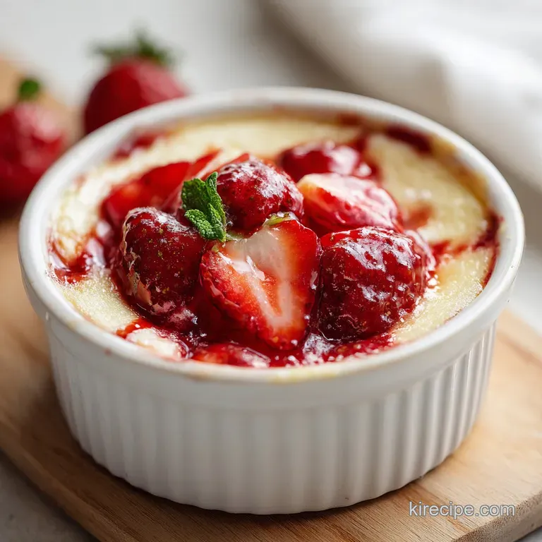 A slice of warm strawberry cheesecake dump cake drizzled with sauce, topped with whipped cream.