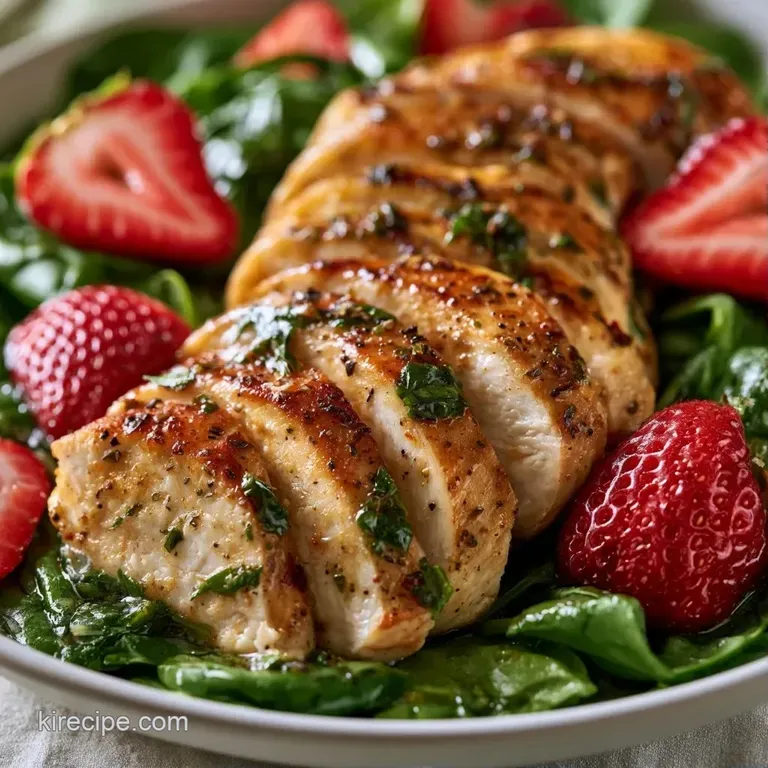 Elegant plate with sliced chicken, strawberries, and feta cheese over a bed of greens with a light glaze.