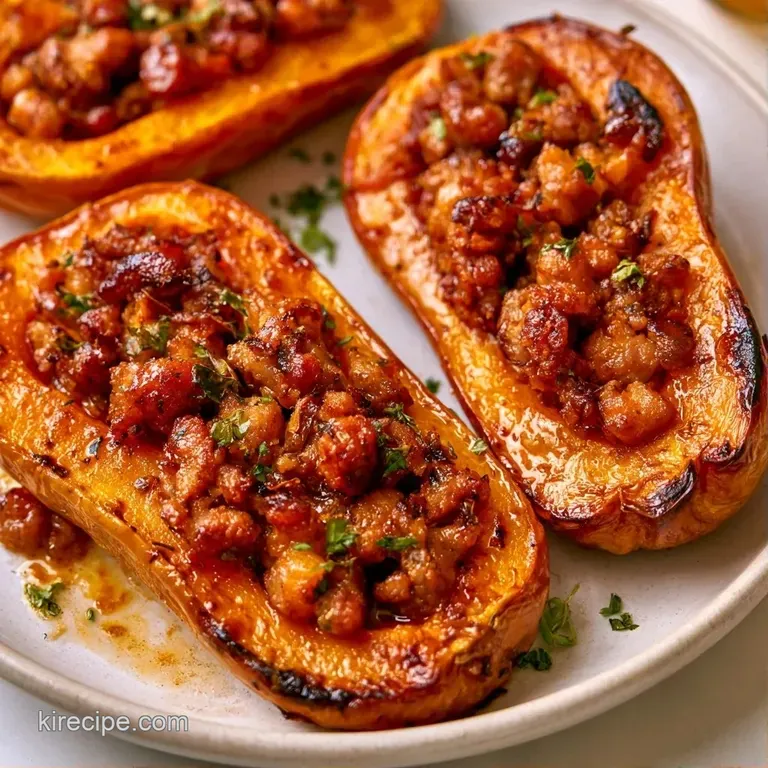 A roasted orange squash half overflowing with savory browned sausage and fresh herbs on a minimal white plate.