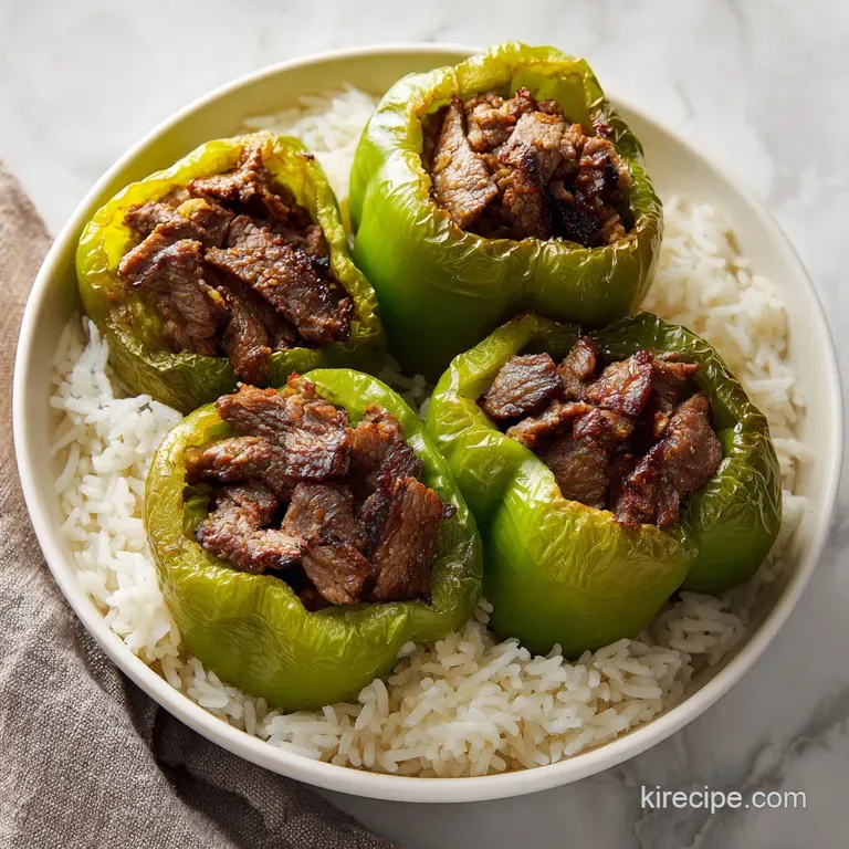 Three green peppers arranged on a white platter with a side of fresh parsley and a drizzle of rich red sauce.