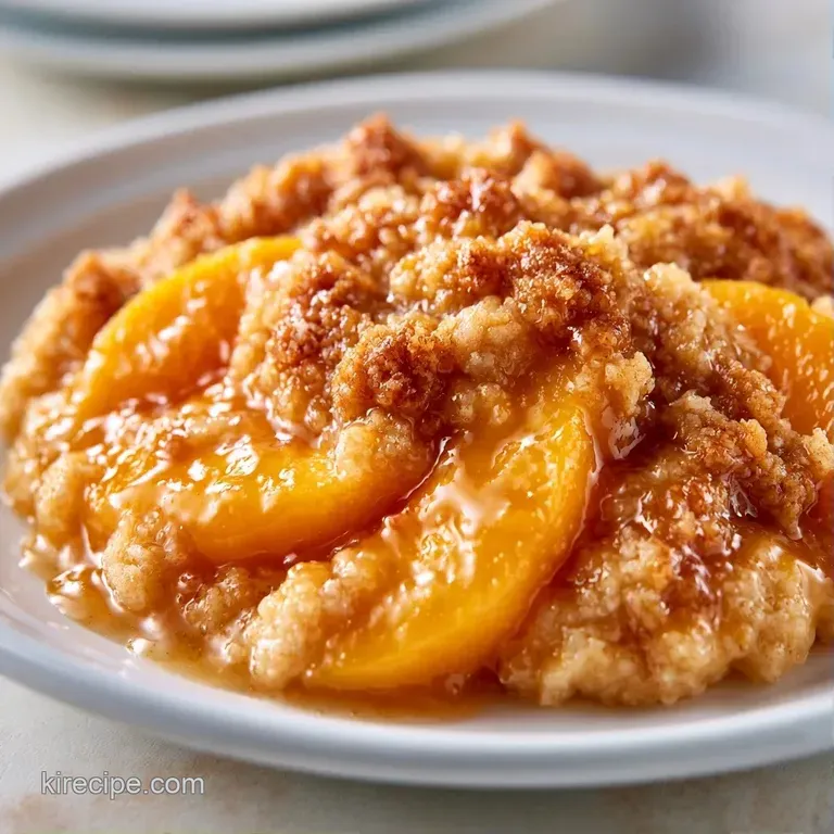 A scoop of warm, spiced peaches topped with buttery oat crumble and a melting dollop of vanilla bean ice cream.