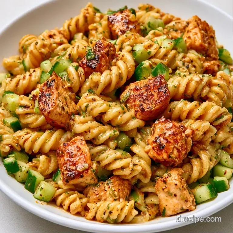 A white ceramic bowl filled with colorful pasta, grilled chicken chunks, and vibrant summer vegetables on a linen cloth.