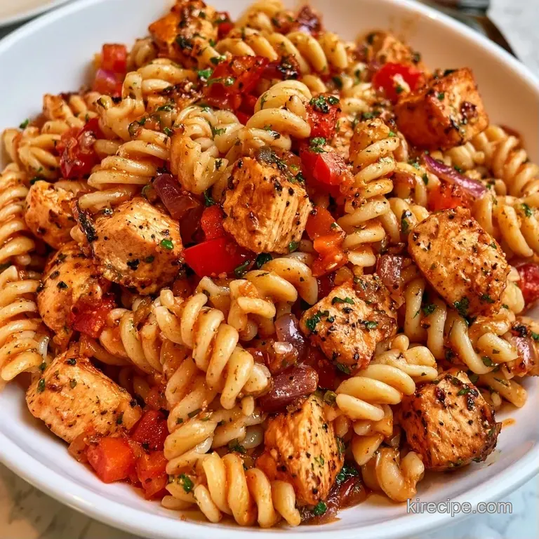 Colorful rotini pasta and grilled chicken neatly plated in a chilled glass bowl with fresh basil accents.