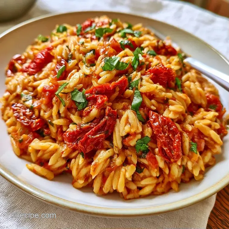 Elegant plating of creamy rice-shaped pasta with sun-dried tomatoes, topped with fresh basil and grated cheese.