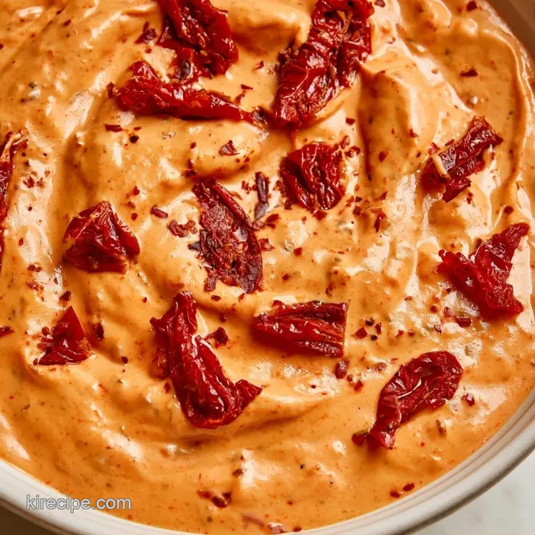 A swirl of orange-hued cream sauce on a matte black plate, garnished with a sprig of basil and cracked pepper.