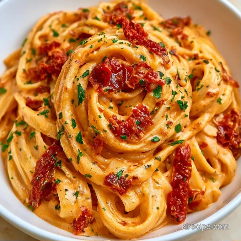 Elegant swirls of creamy pasta topped with vibrant red tomatoes and shaved parmesan on a white ceramic plate.