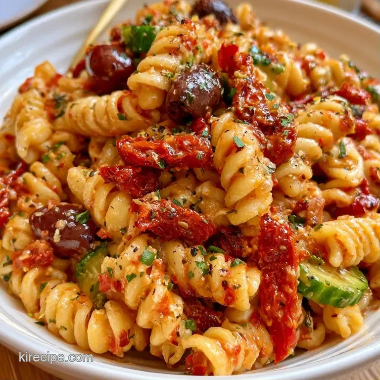 A bright white bowl of spiraled pasta tossed with deep red tomatoes and creamy feta, garnished with fresh parsley.