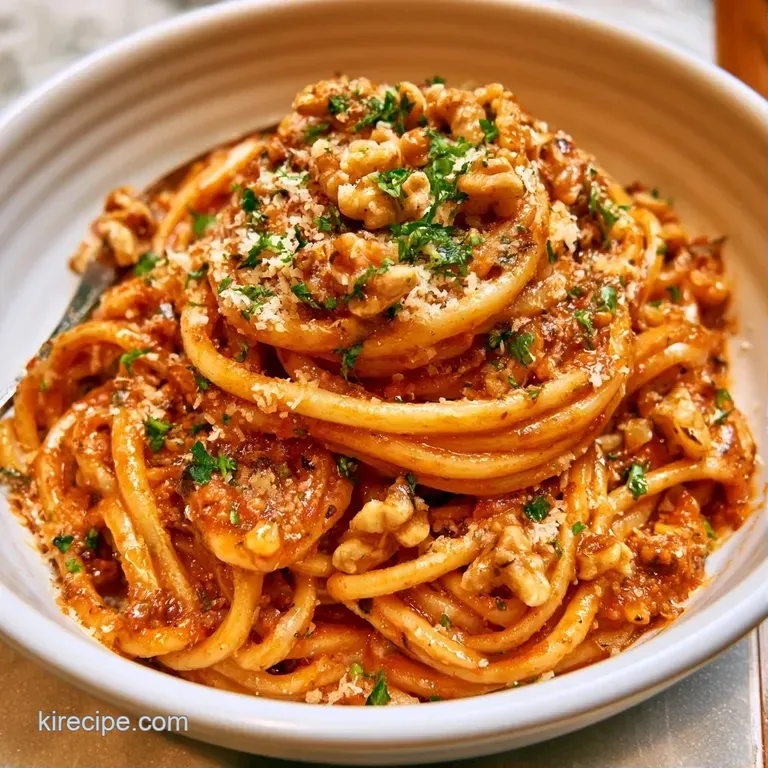 A shallow white bowl filled with red-coated pasta, garnished with creamy cheese crumbles and a sprig of green basil.