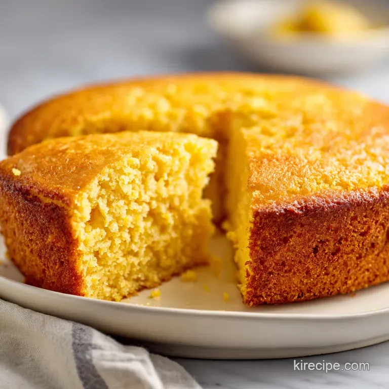 A warm slice of fluffy cornbread cake, glistening slightly, presented atop a rustic ceramic plate.