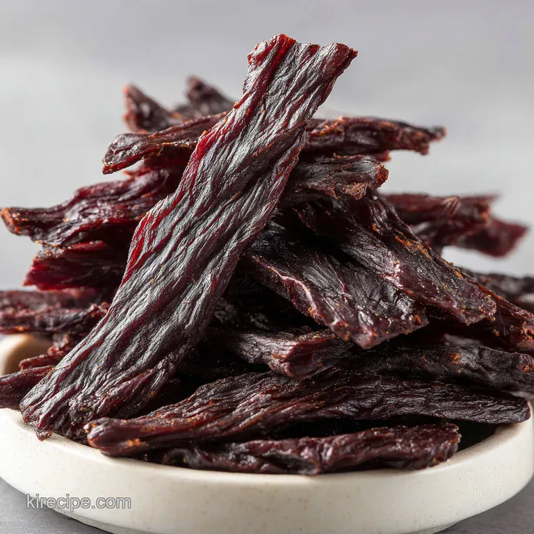 Dark, glazed meat strips arranged in a ceramic bowl, sprinkled with white sesame seeds and fresh scallion slices.