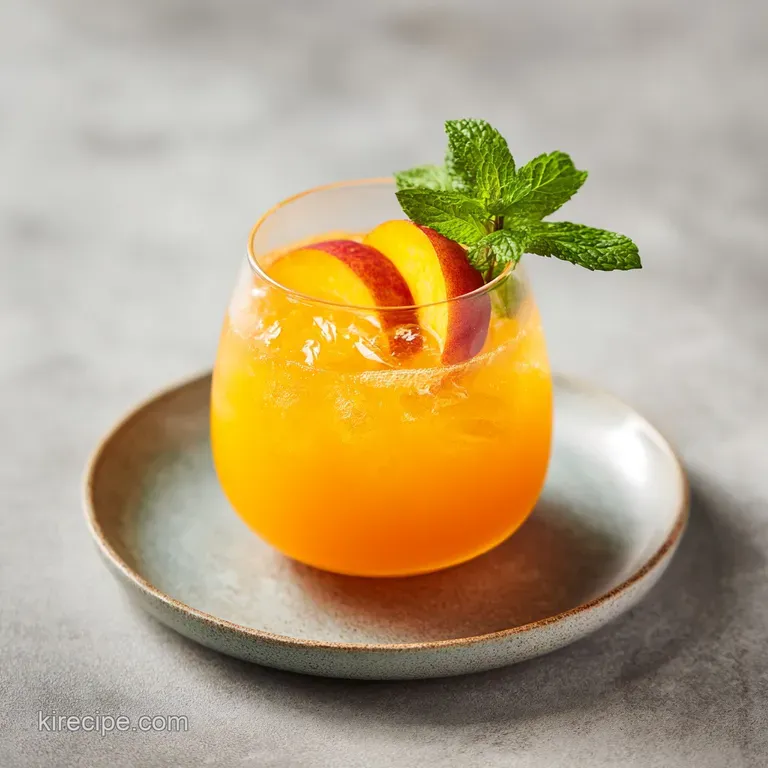 Chilled peach beverage in a tall fluted glass with condensation drops, garnished with fresh mint and a peach wedge.