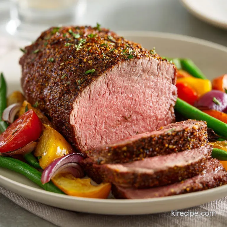 Slices of tender sirloin tip roast artfully arranged on a white plate, drizzled with a rich pan sauce, next to vibrant gre...