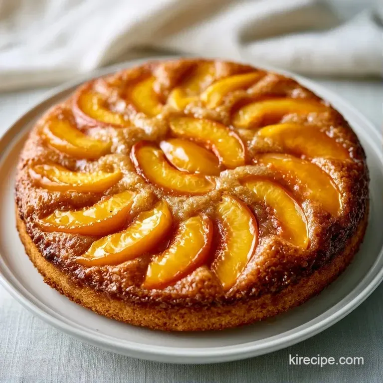 A slice of warm peach cake on a white plate, topped with a dollop of whipped cream and a fresh mint leaf.