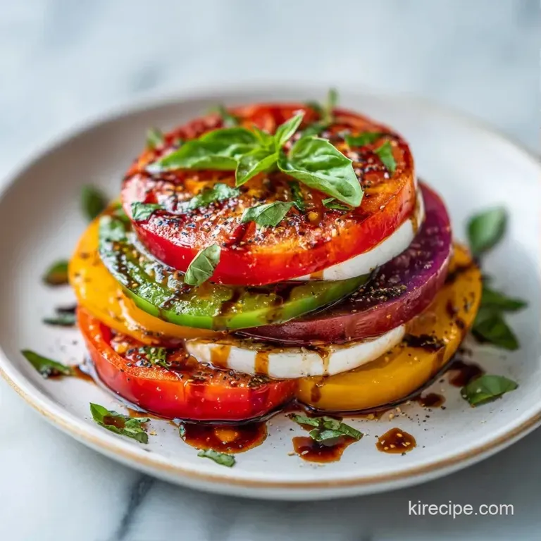 Neatly layered red tomato slices and creamy mozzarella rounds on a white platter with a drizzle of olive oil.