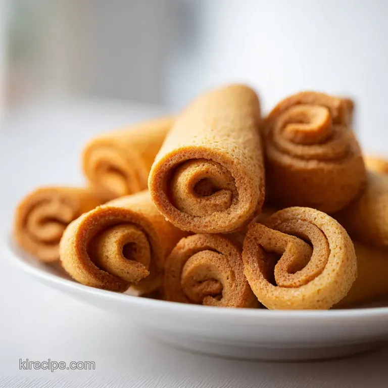 A stack of cream-colored rolled cookies on a white ceramic platter, dusted with powdered sugar and mint leaves.