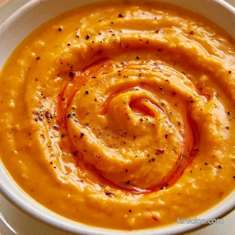 A ceramic bowl of creamy orange soup topped with sizzled butter, fresh parsley, and a side of crusty sourdough bread.