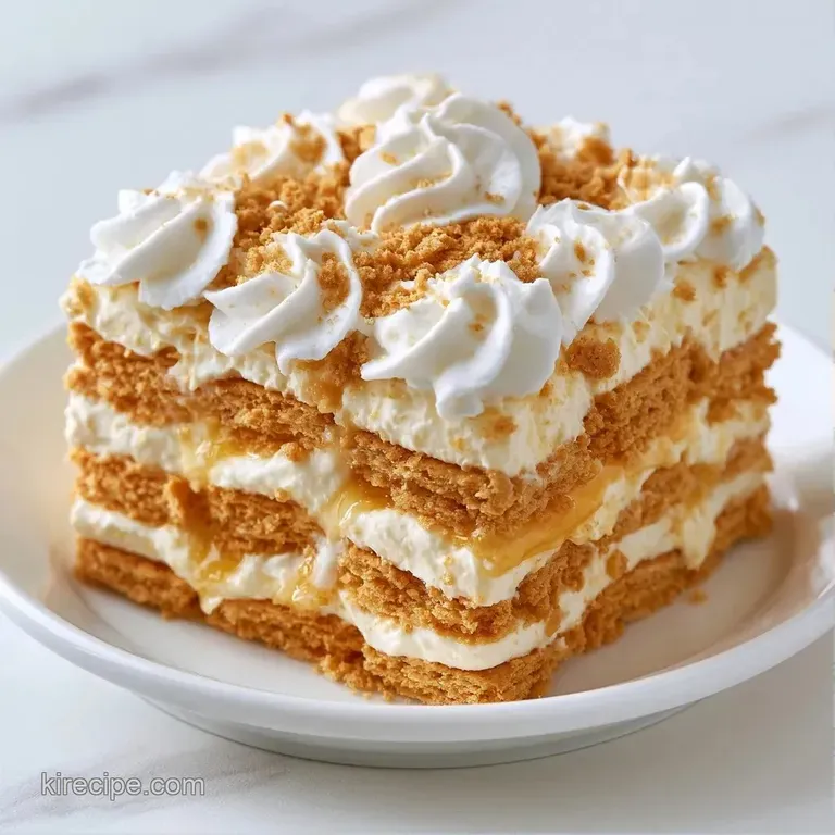 A precise slice of layered cream and honey crackers on a white porcelain plate with a sprig of fresh mint on top