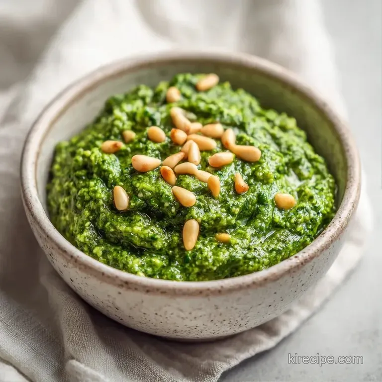 Bright green herbaceous sauce swirled over al dente pasta, topped with fresh basil and a sprinkle of nut crumble.