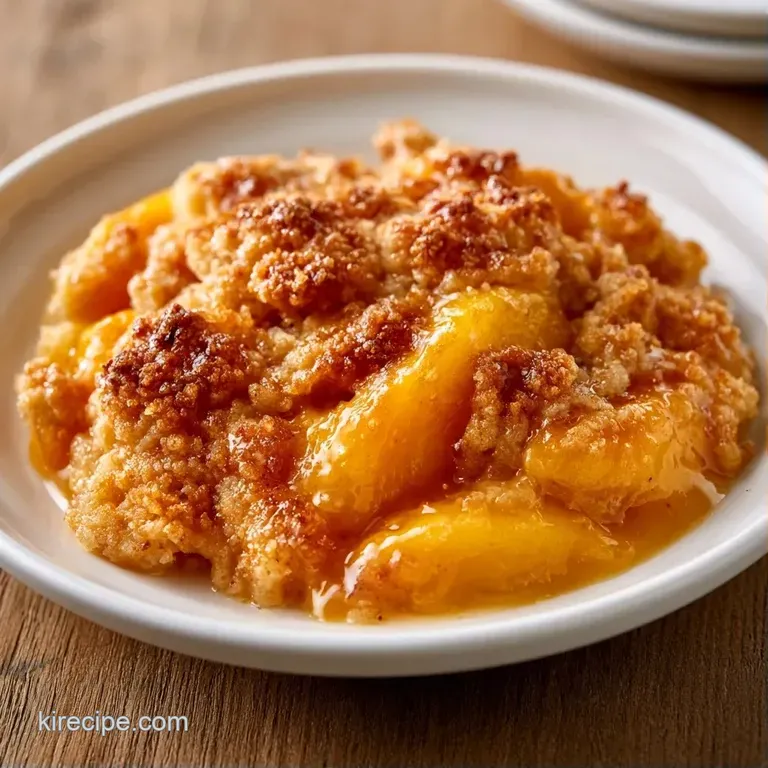 A scoop of warm, bubbly peach crumble topped with a melting dollop of cream on a minimal white ceramic plate.