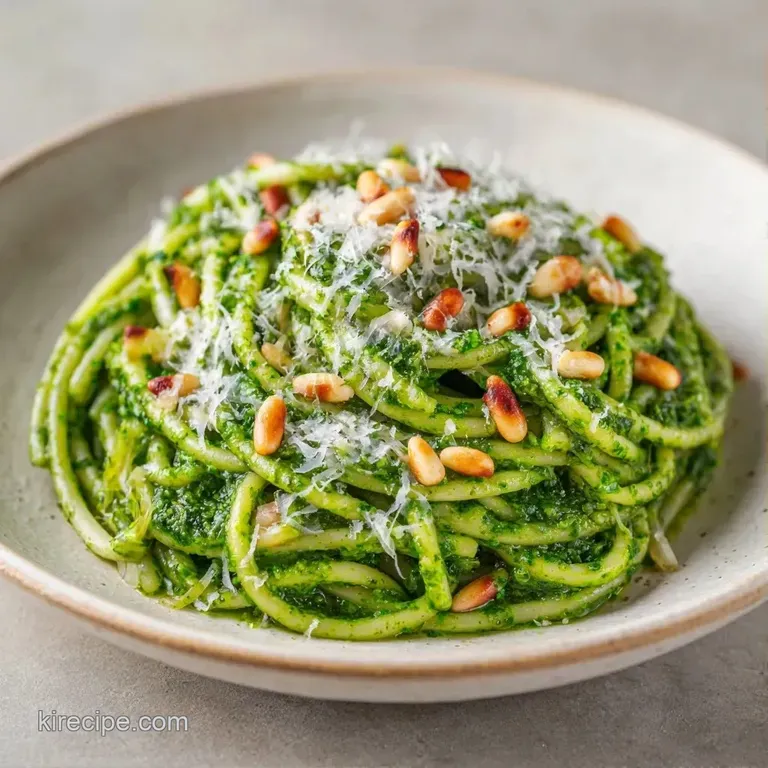 A white ceramic bowl filled with glossy green pasta, topped with halved cherry tomatoes and a sprig of fresh basil.