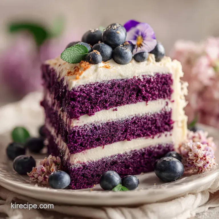 Elegant slice of deep violet cake reveals moist layers. Creamy frosting and delicate edible flowers enhance its dramatic p...