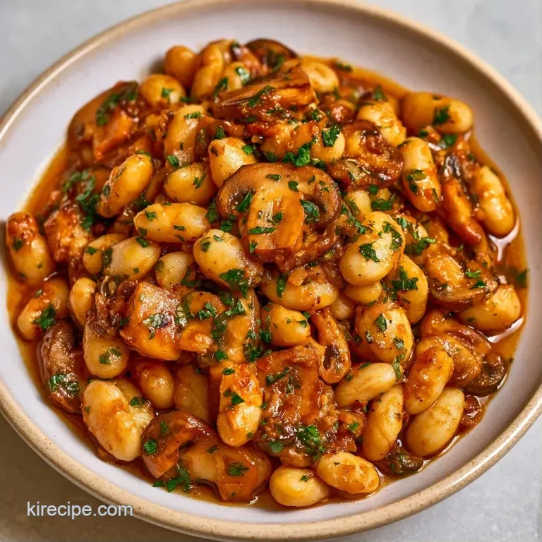 Creamy bean stew with golden-brown mushrooms served in a white bowl, topped with fresh green parsley leaves.