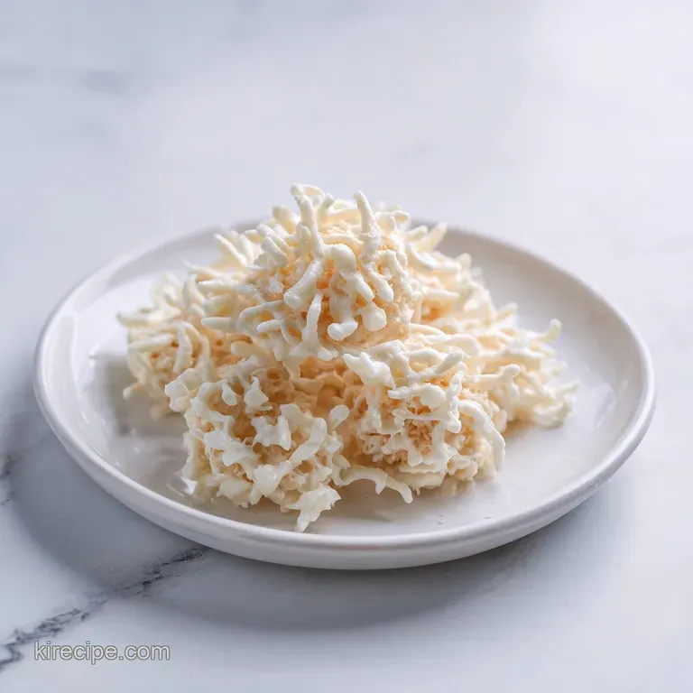 Artfully arranged white chocolate haystacks dusted with powdered sugar on a white ceramic plate.