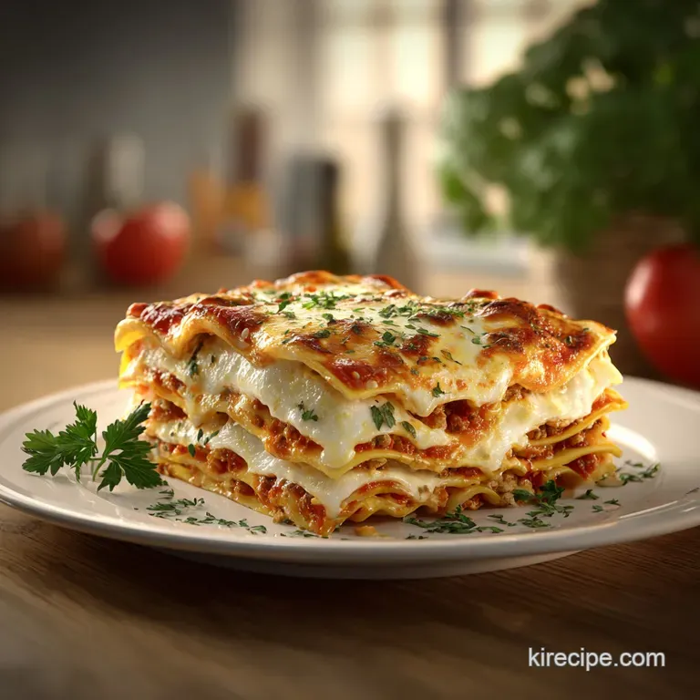A generous slice of bubbling lasagna with crispy edges, served atop a rustic plate with a sprinkle of herbs.
