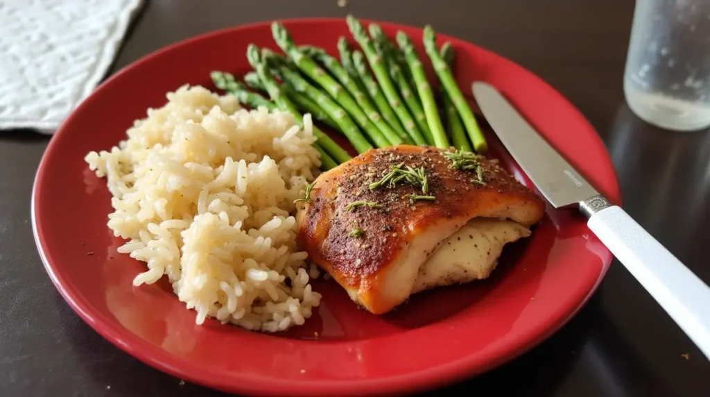 Grilled Chicken with Rice and Cooked Asparagus