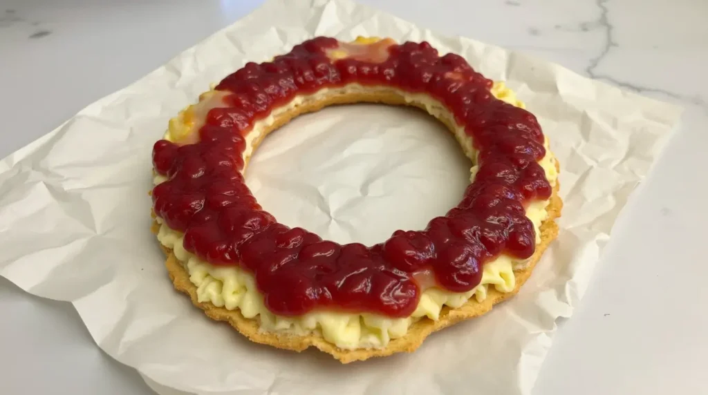 Pastry With Frosting and Jelly Filling in Ring Shape