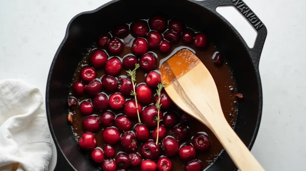 Fresh, ripe cherries: These add natural sweetness and flavor to the wine reduction.Shallots: Finely chopped shallots bring a subtle onion taste and balance the sweetness.Garlic: Minced garlic adds a savory flavor that complements the other ingredients.Thyme and rosemary: These herbs give the dish a warm, earthy aroma.Butter: A bit of butter makes the sauce silky and velvety.Salt and pepper: These classic seasonings boost the dish's flavor.